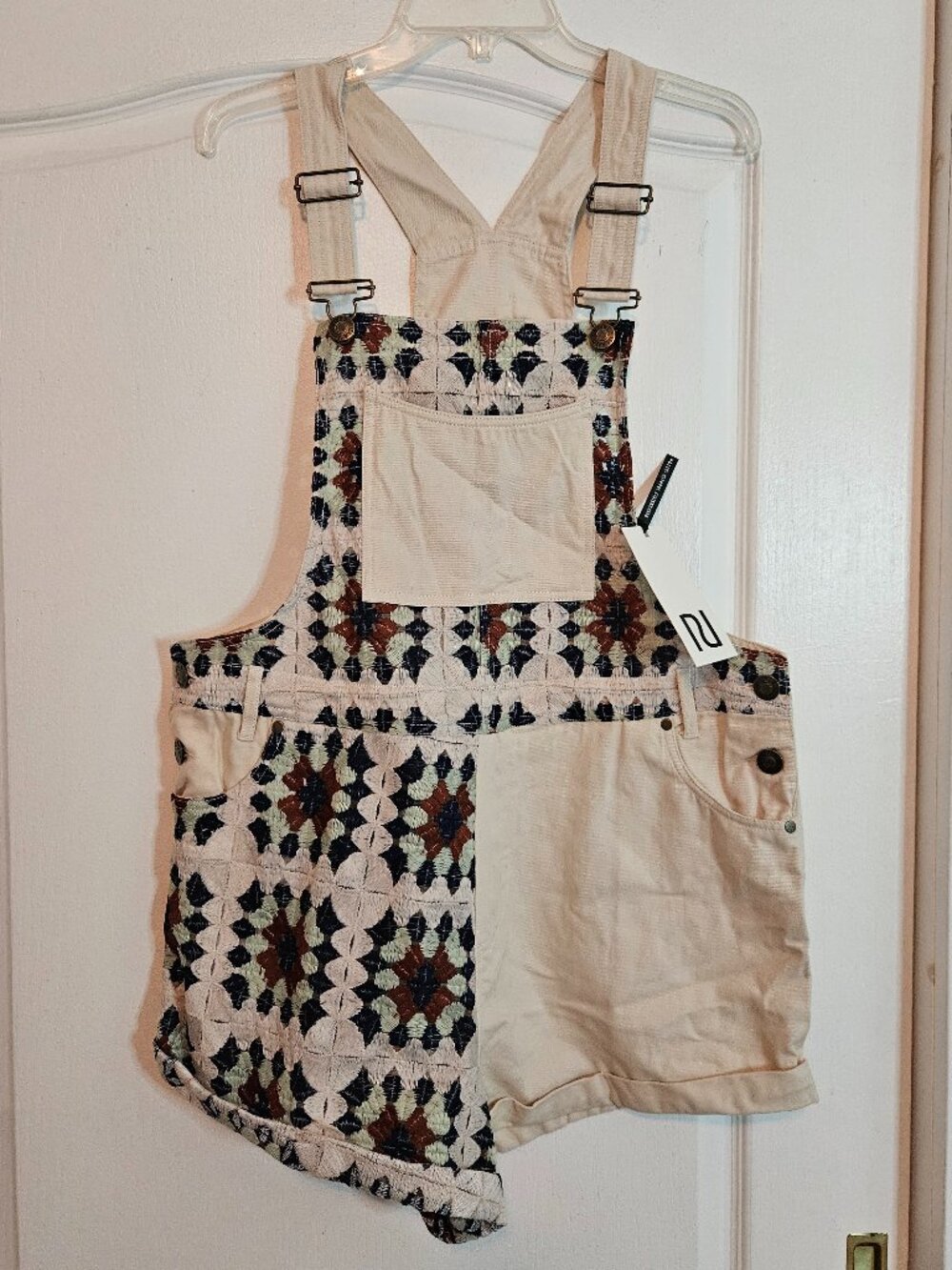 NWT WOMENS RIVER ISLAND DENIM CROCHET OVERALLS SHORTALLS SIZE UK 16 US 12/14
